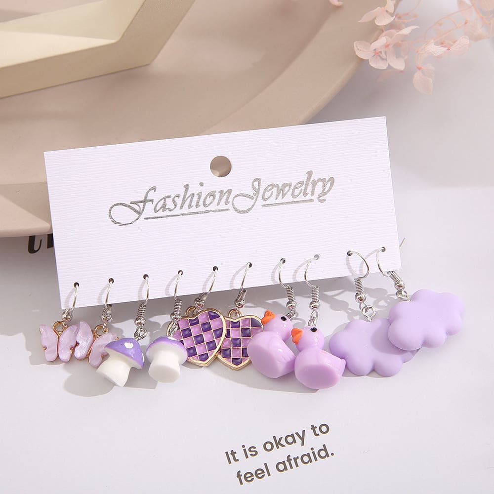Set Of 5 Trendy Funky Earrings Set, Cute Cartoon Dangle Earrings, Dangle Aesthetic Earrings For Woman Girl, Children Colorful Cartoon Earring Card, Creative Purple Duck & Butterfly & Heart & Mushroom Drop Earrings Set Of 5 Trendy Funky Earrings Set, Cute Cartoon Dangle Earrings, Dangle Aesthetic Earrings For Woman Girl, Children Colorful Cartoon Earring Card, Creative Purple Duck & Butterfly & Heart & Mushroom Drop Earrings